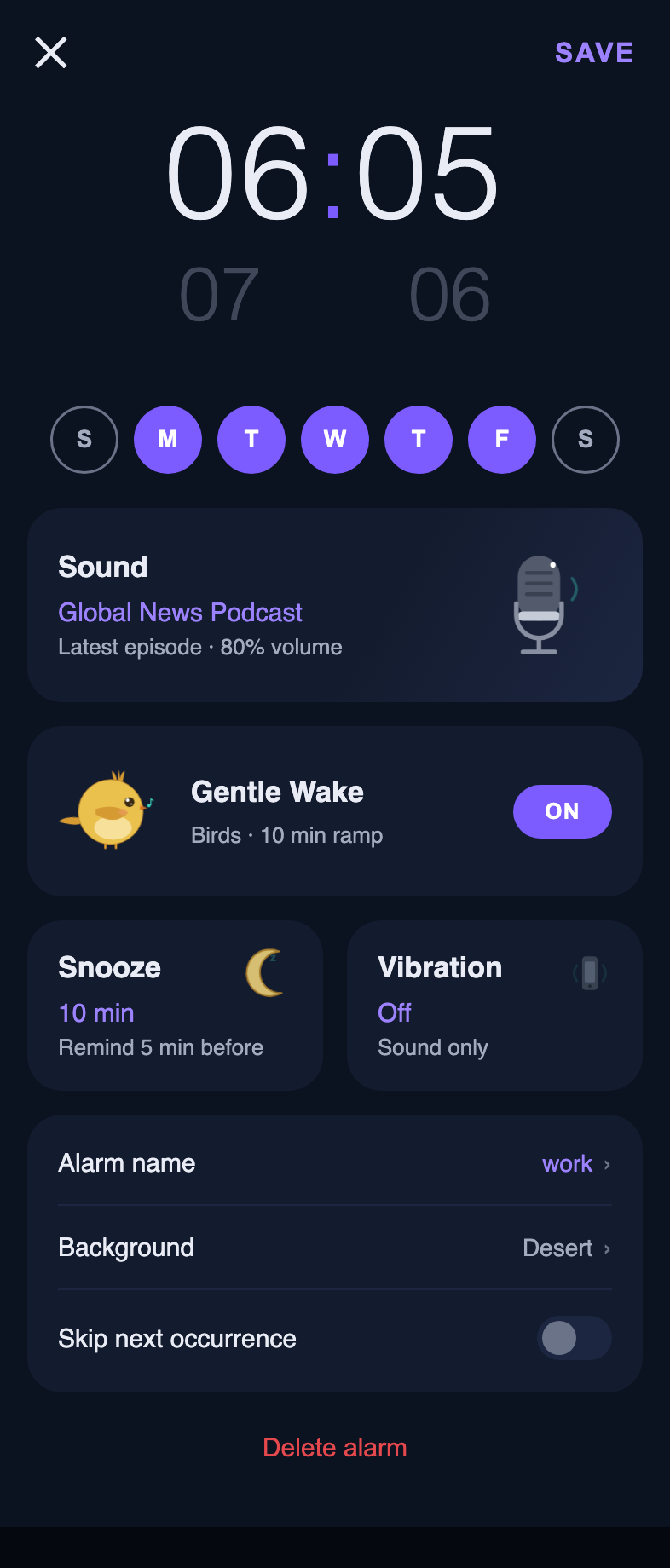 Alarmcast alarm screen showing the time, days, podcast and gentle wake