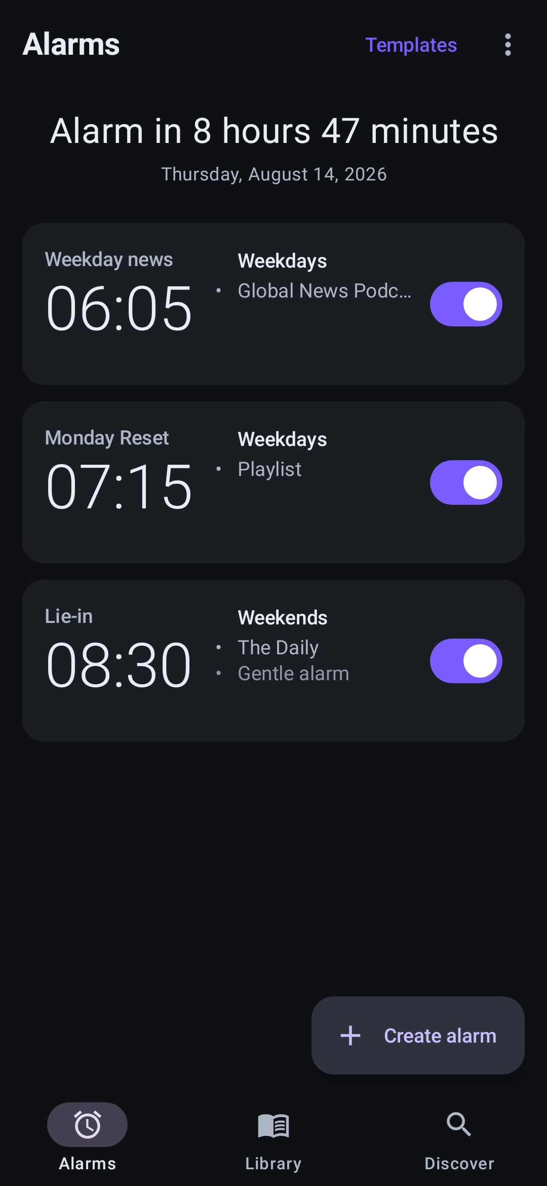 Alarmcast alarms screen showing three alarms, each with its own podcast or playlist