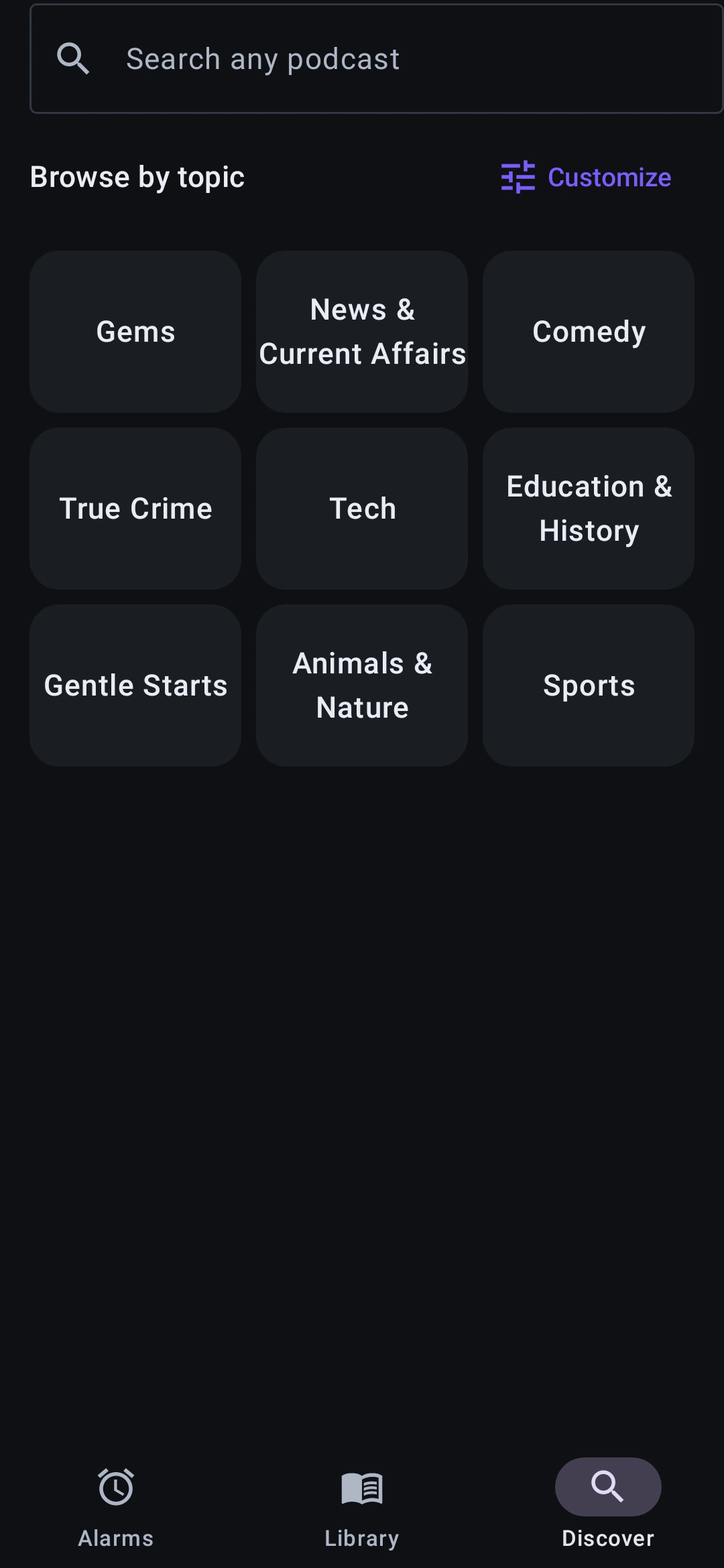 Discover screen showing the browse-by-topic grid of podcast folders