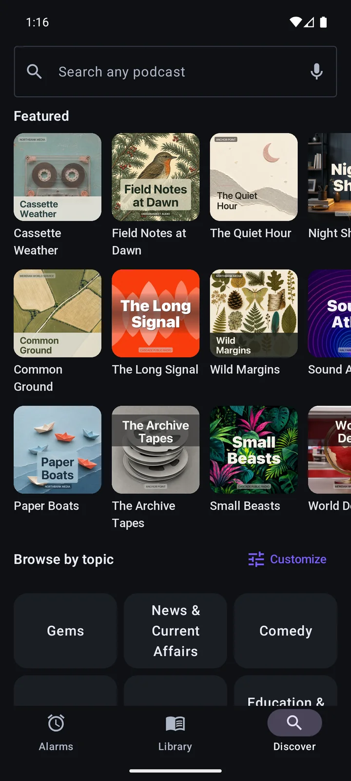The Discover screen in Alarmcast: three rows of large podcast covers under the heading Featured, then Browse by topic