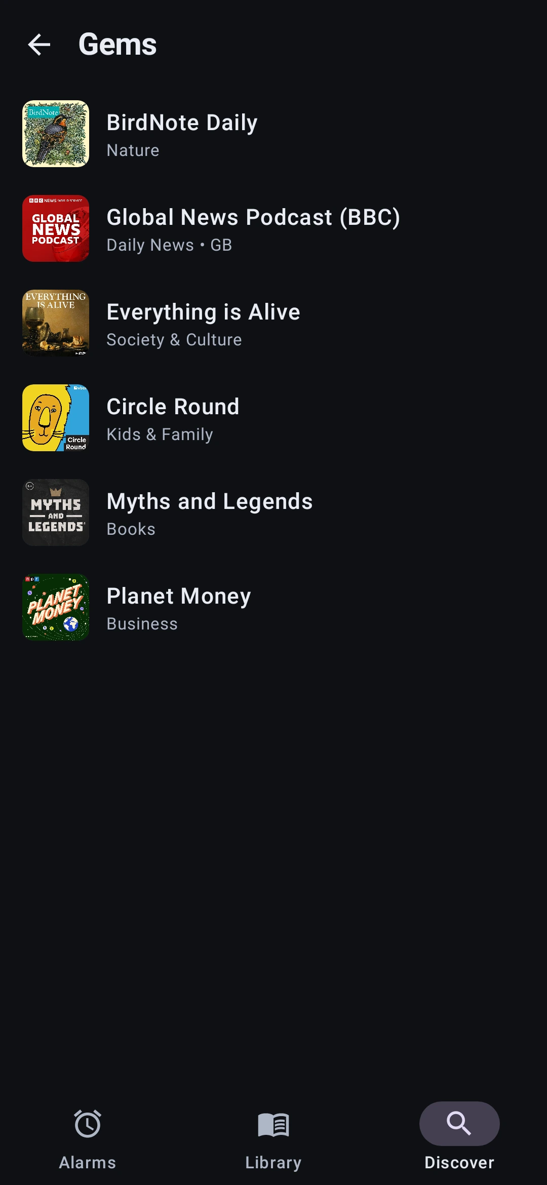 The Gems folder, showing hand-picked podcasts with their cover art