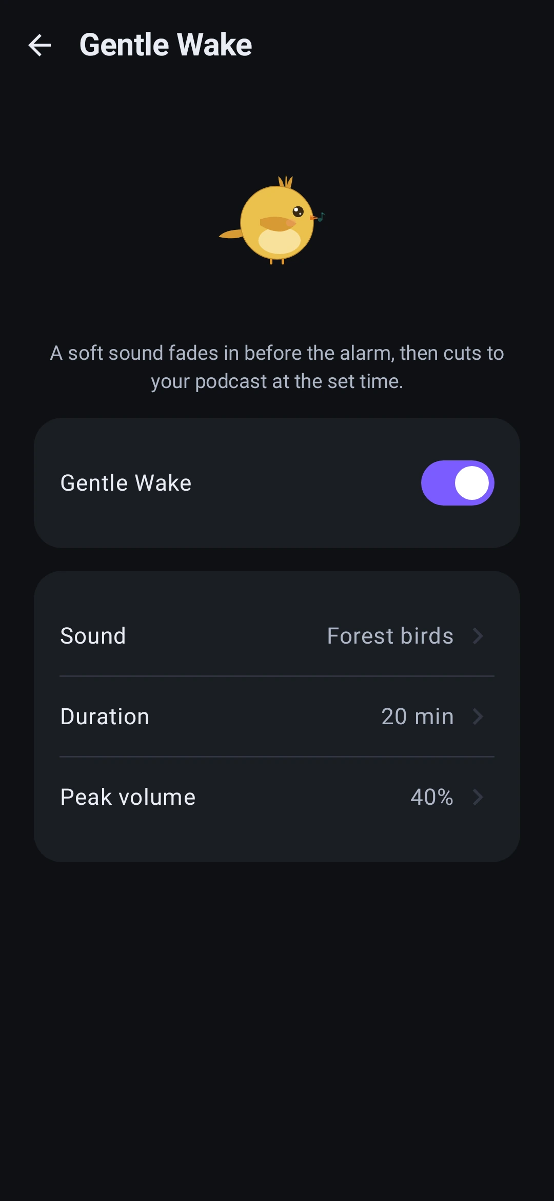 Gentle Wake screen, with the bird