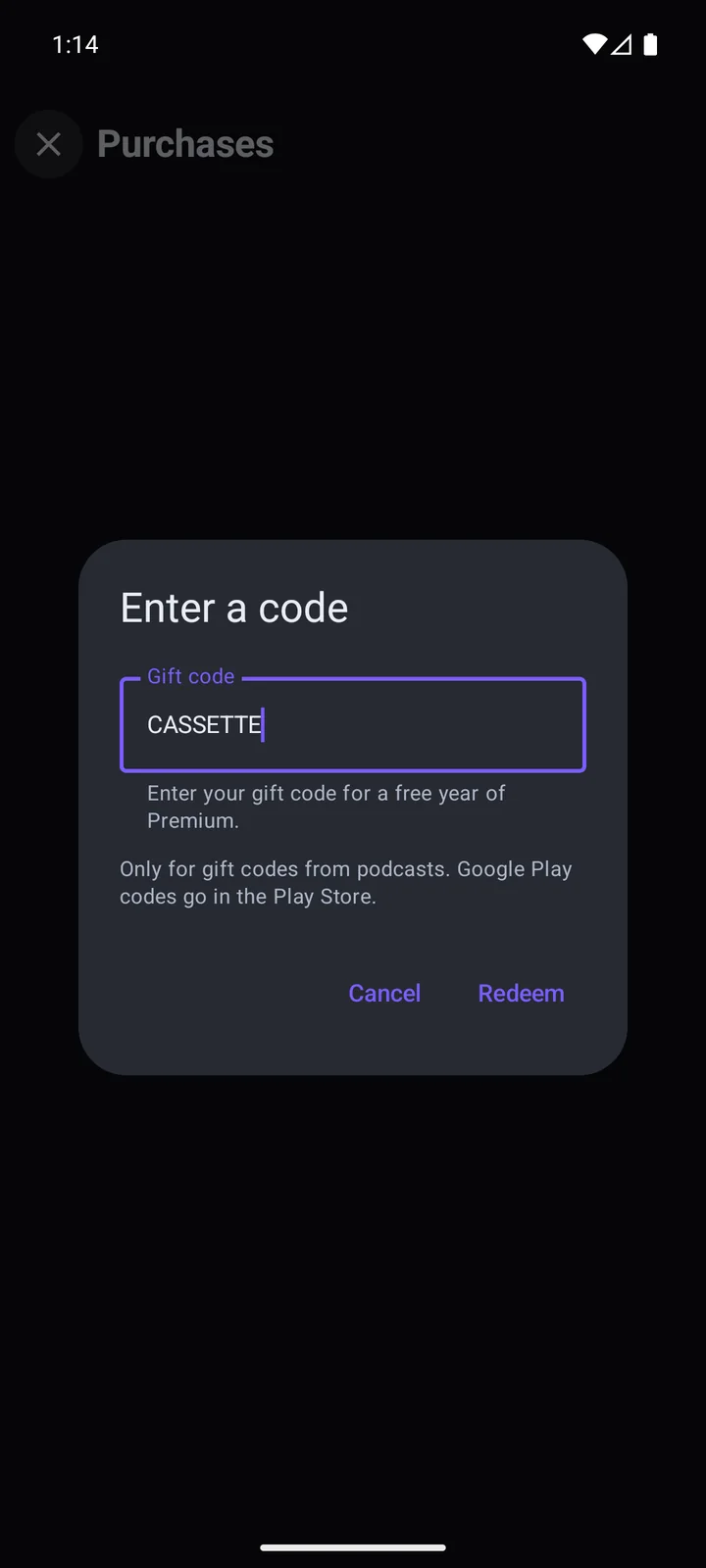 The Enter a code box, with the gift code CASSETTE typed in and a Redeem button