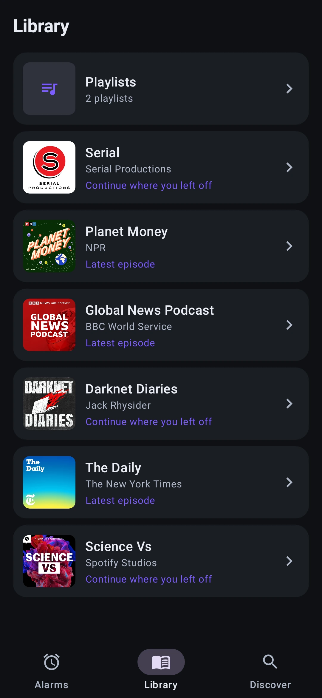 Library screen showing playlists and subscribed podcasts