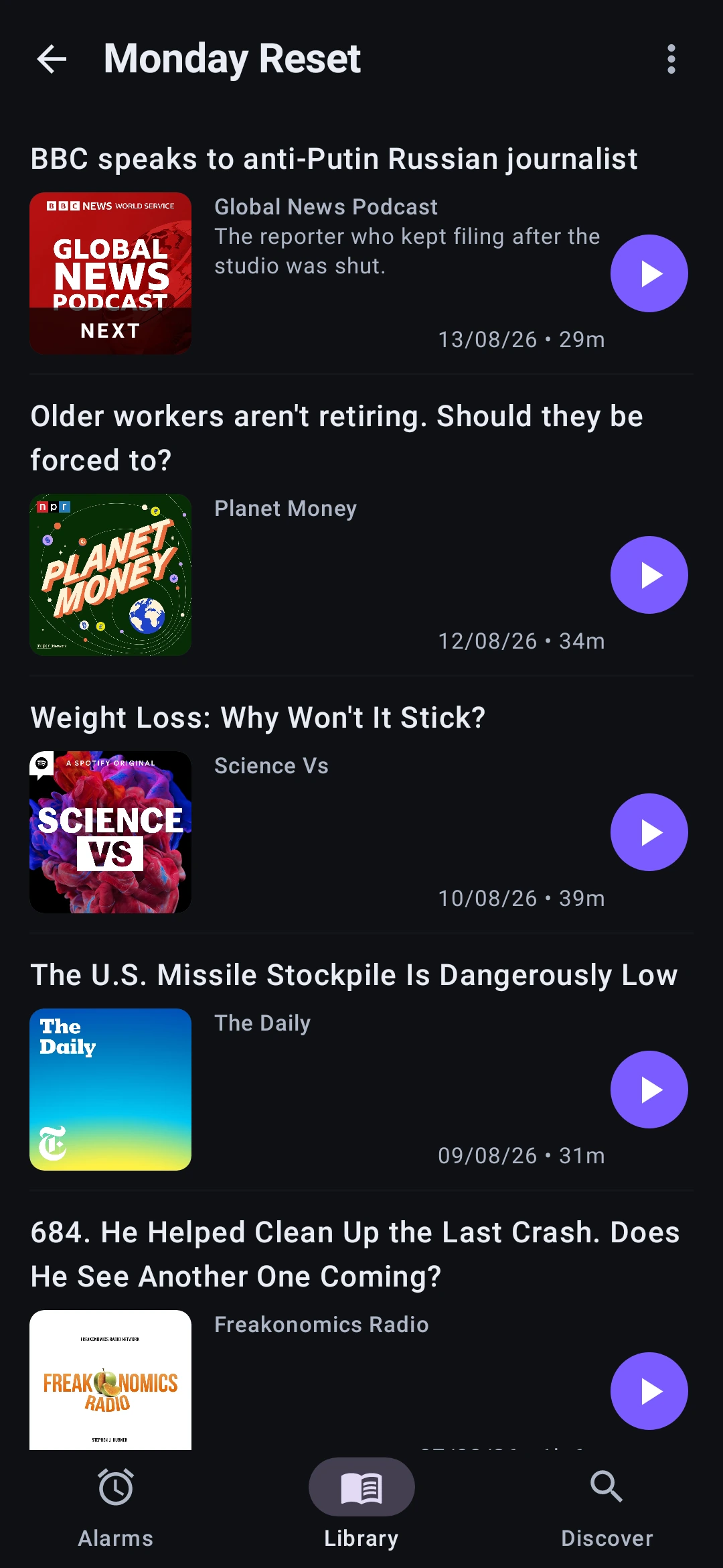 A playlist mixing episodes from several different podcasts, in order