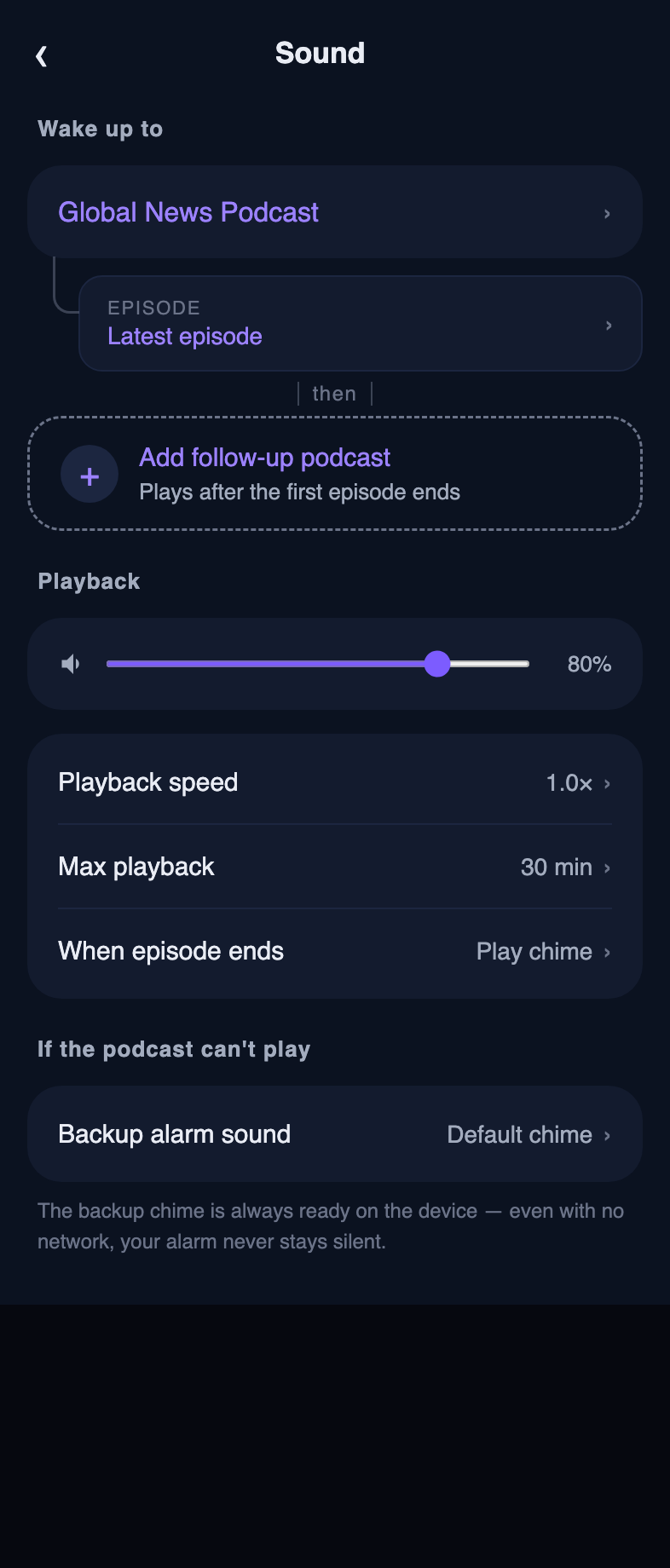 Sound screen: choose a podcast, latest or continue, with a backup chime
